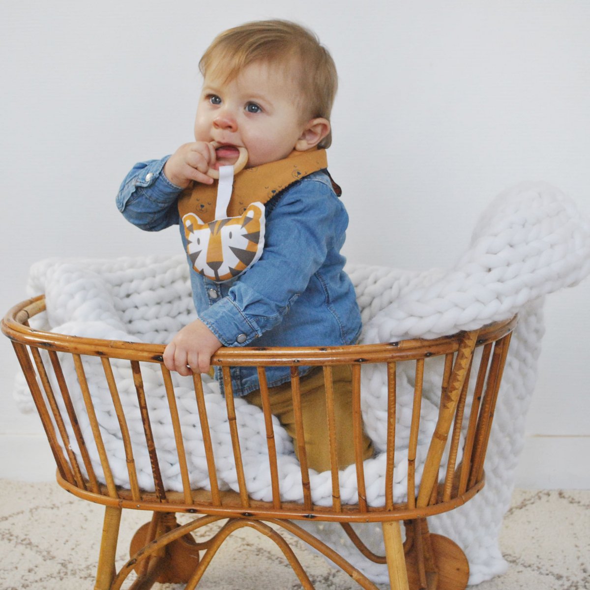 Tiger wood and fabric teething ring