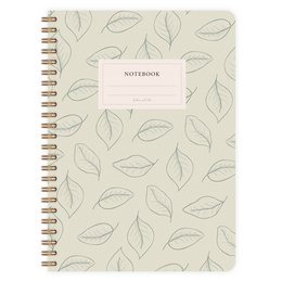 A5 size notebook with a leaf pattern design. The notebook has a spiral binding and is available in blank, grid, lined, and dot grid page styles.