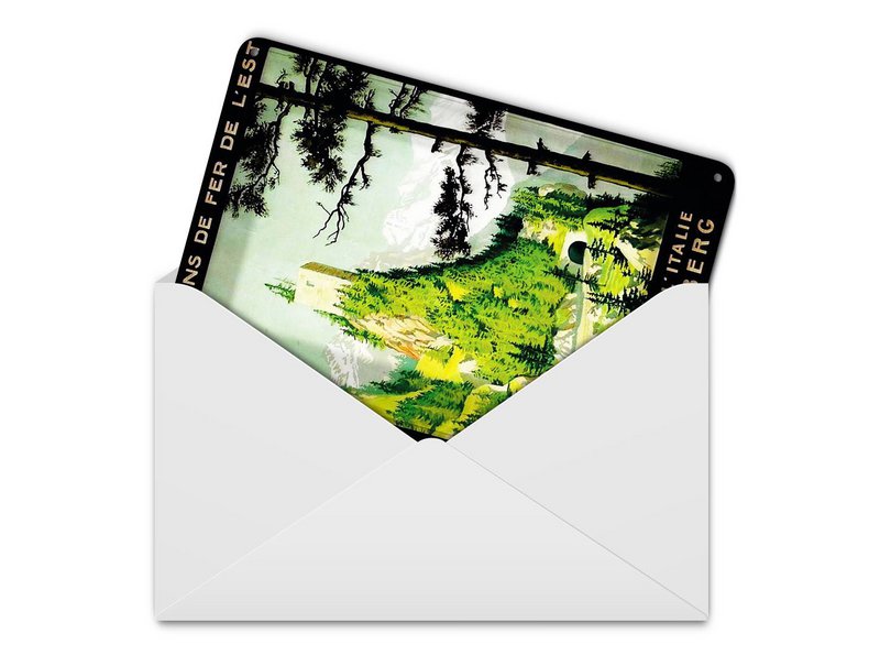 Rejseblik postkort 10x14 cm Schweiz og Italien Lötschberg dekorativt skjold