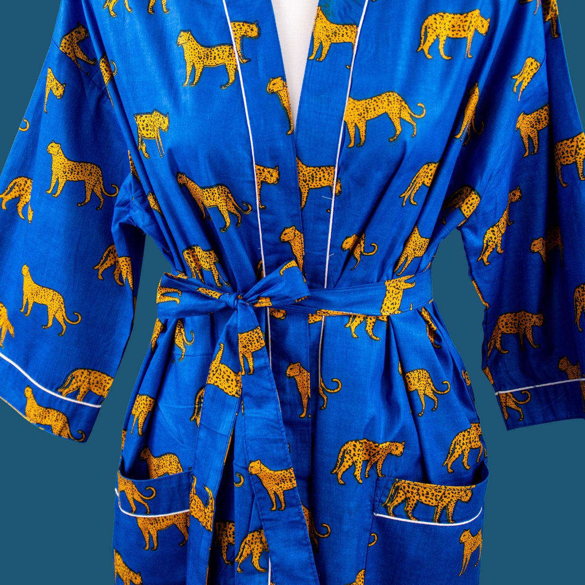 Royal Blue Block Print Morgenmantel, badekåbe, 100% bomuld, morgenmantel, kimono, fra Indien, håndprint
