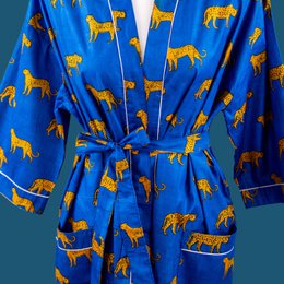 Royal Blue Block Stampa Morgenmantel, accappatoio, cotone 100%, mantello mattutino, kimono, dall'India, impronta a mano