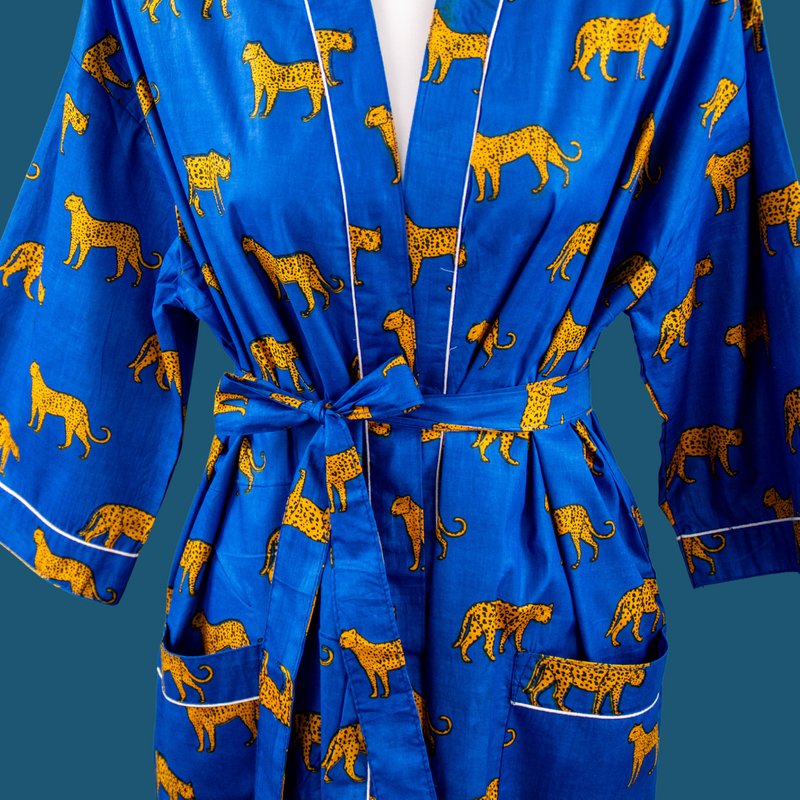 Royal Blue Block Print Morgenmantel, badekåbe, 100% bomuld, morgenmantel, kimono, fra Indien, håndprint