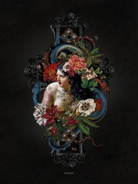 Vibrant floral poster featuring a woman's face surrounded by lush, colorful flowers and foliage against a dark background. Suitable for home decor or wall art.