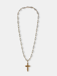 Gold cross pendant necklace with crystal beads, elegant religious jewelry, delicate chain design.