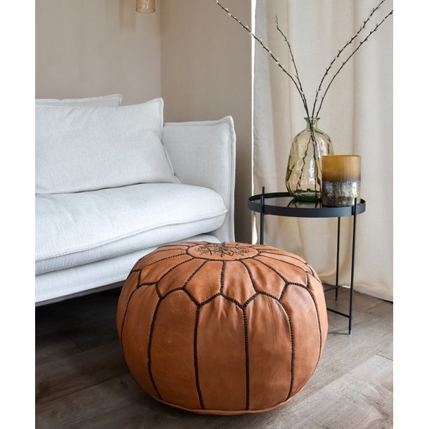 Leather Pouffe - Caramel Brown