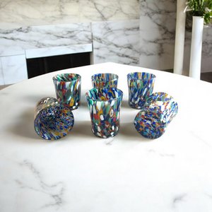 6 glasses Arlecchino in glass and hand -worked glass with Murrine di Murano, "I Colori di Murano" 140 ml line. Made in Italy