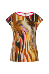 "Colorful abstract swirl print cap sleeve top with pink trim detail, multicolor striped pattern women's t-shirt"