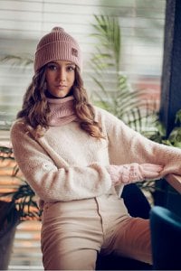 BRIGID Mützen- und Schal-Set – 100 % Merinowolle – Puderrosa