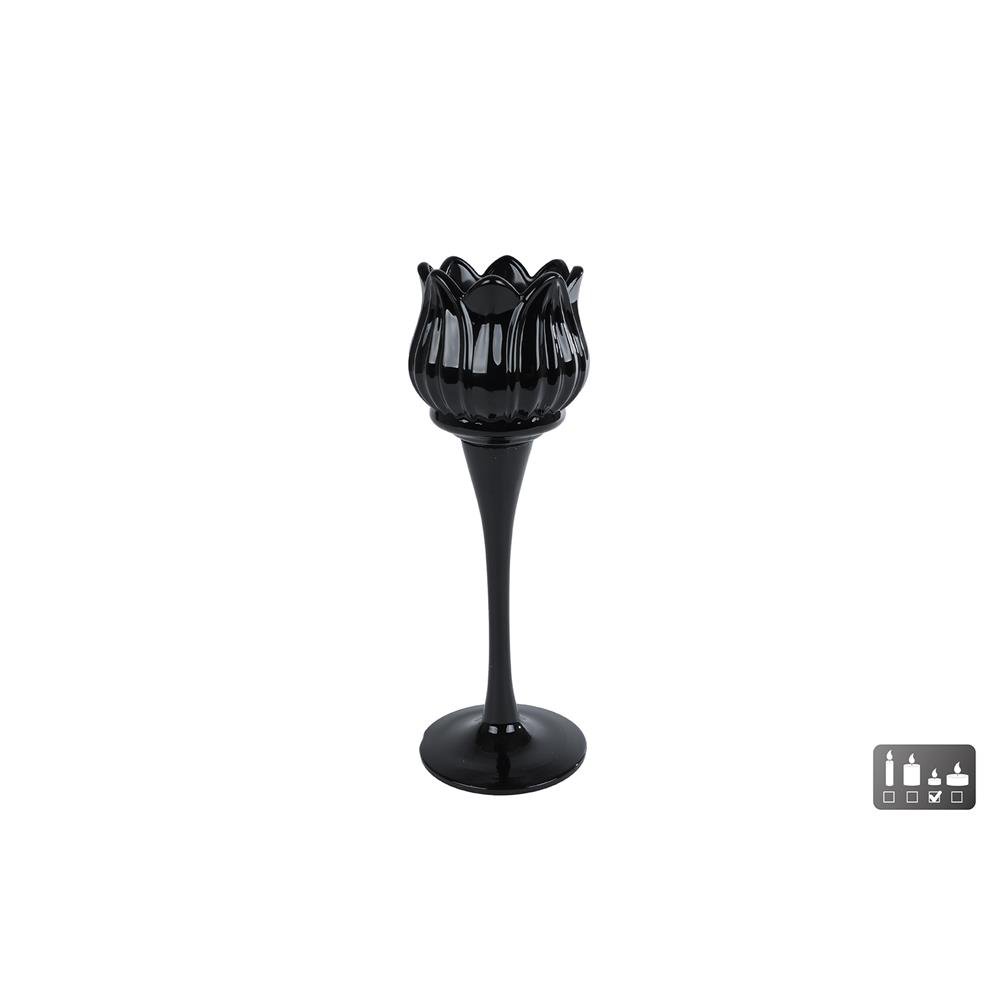 Tealight holder Tulip black glass 7x7x22cm
