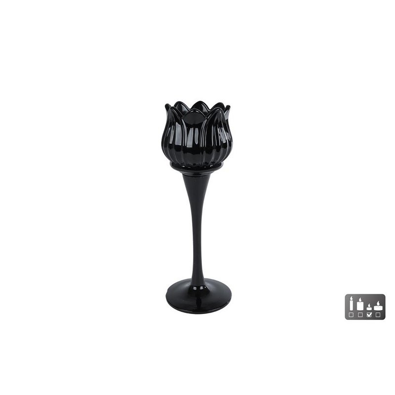 Tealight holder Tulip black glass 7x7x22cm