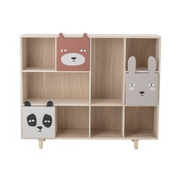 Calle Bookcase w/Drawers, Nature, Paulownia. Wooden bookcase with animal-themed compartments and drawers. Neutral color palette with natural wood tones. Suitable for storing books, decor, and other household items.
