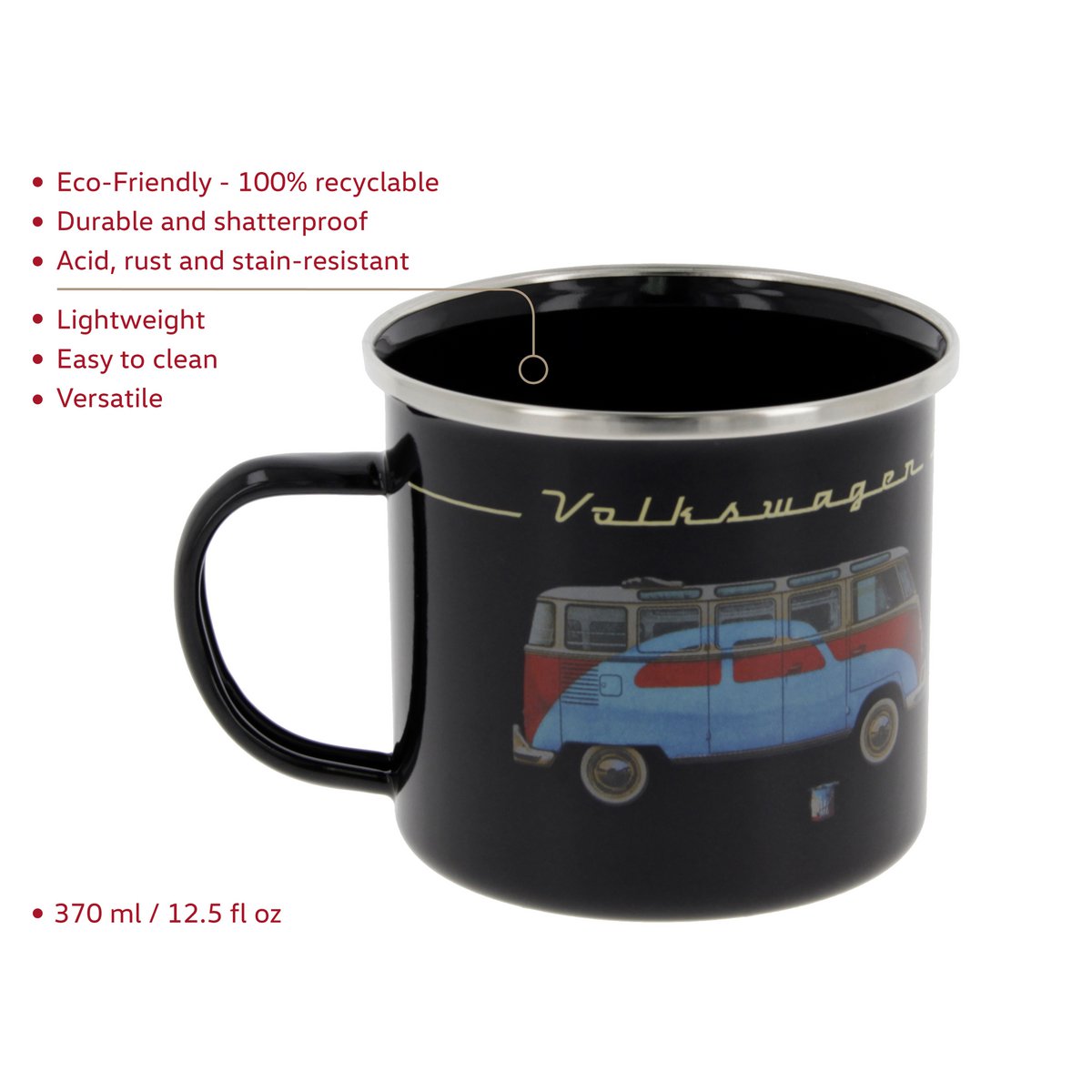 Volkswagen VW T1 Bus Enamel Mug 500ml in Gift Box - Samba & Beetle/Black