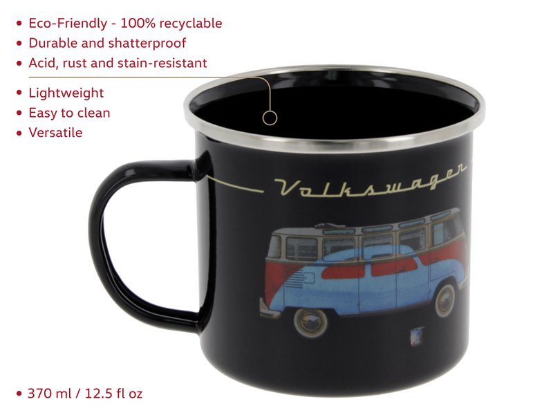 Volkswagen VW T1 Bus Emaljekrus 500ml i gaveæske - Samba & Beetle/Sort