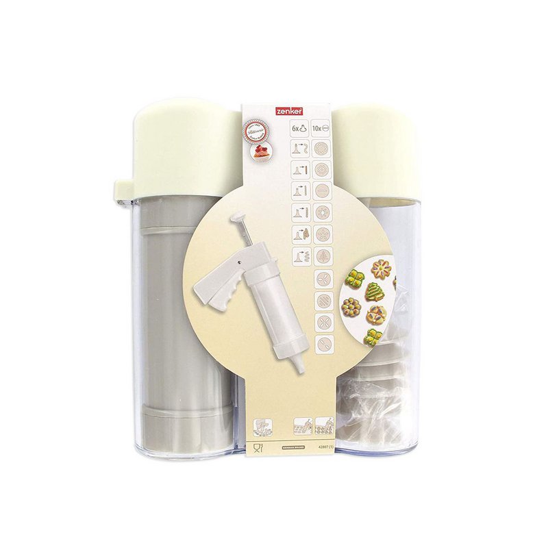 Cookie press and 6 tips and 10 Zenker Smart Pastry pattern discs