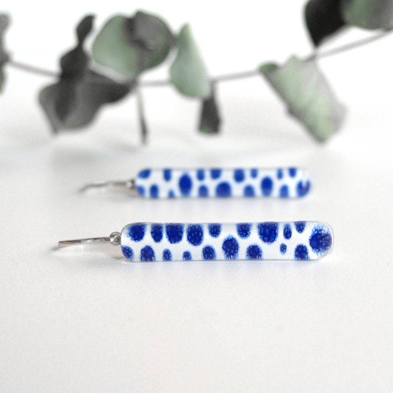 Koboltblå Polka Dot øreringe, Lang glasstang med kroge i sterlingsølv
