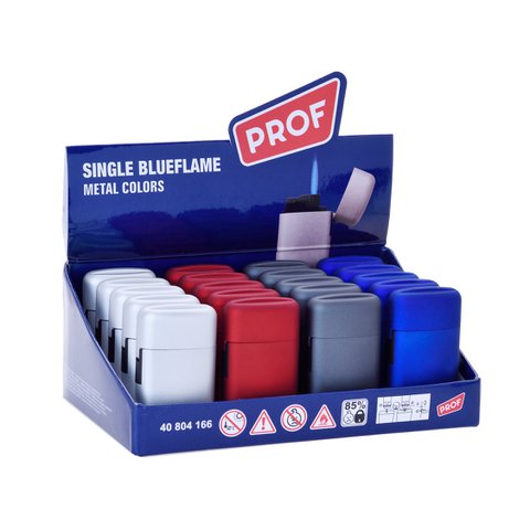 Display mit 20 Kapsel-Feuerzeugen aus Metall und Gummi