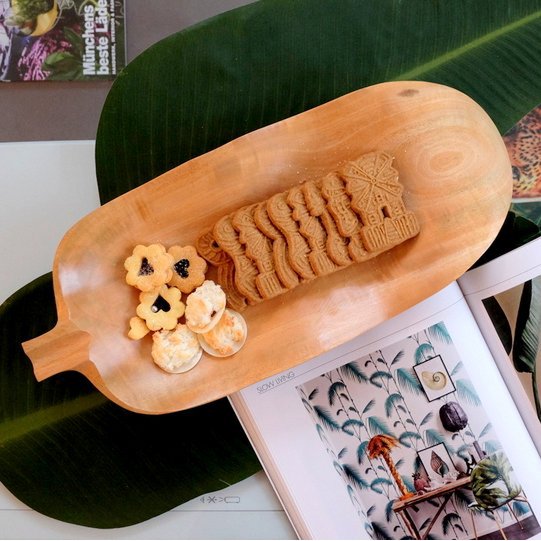 Houten schaal - fruitschaal - slakom - bananenblad - wit - L47 x B20 x H7.5cm