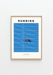 A vibrant, minimalist poster depicting a runner on a blue track. The poster features the word "RUNNING" prominently displayed, capturing the dynamic energy of the sport.