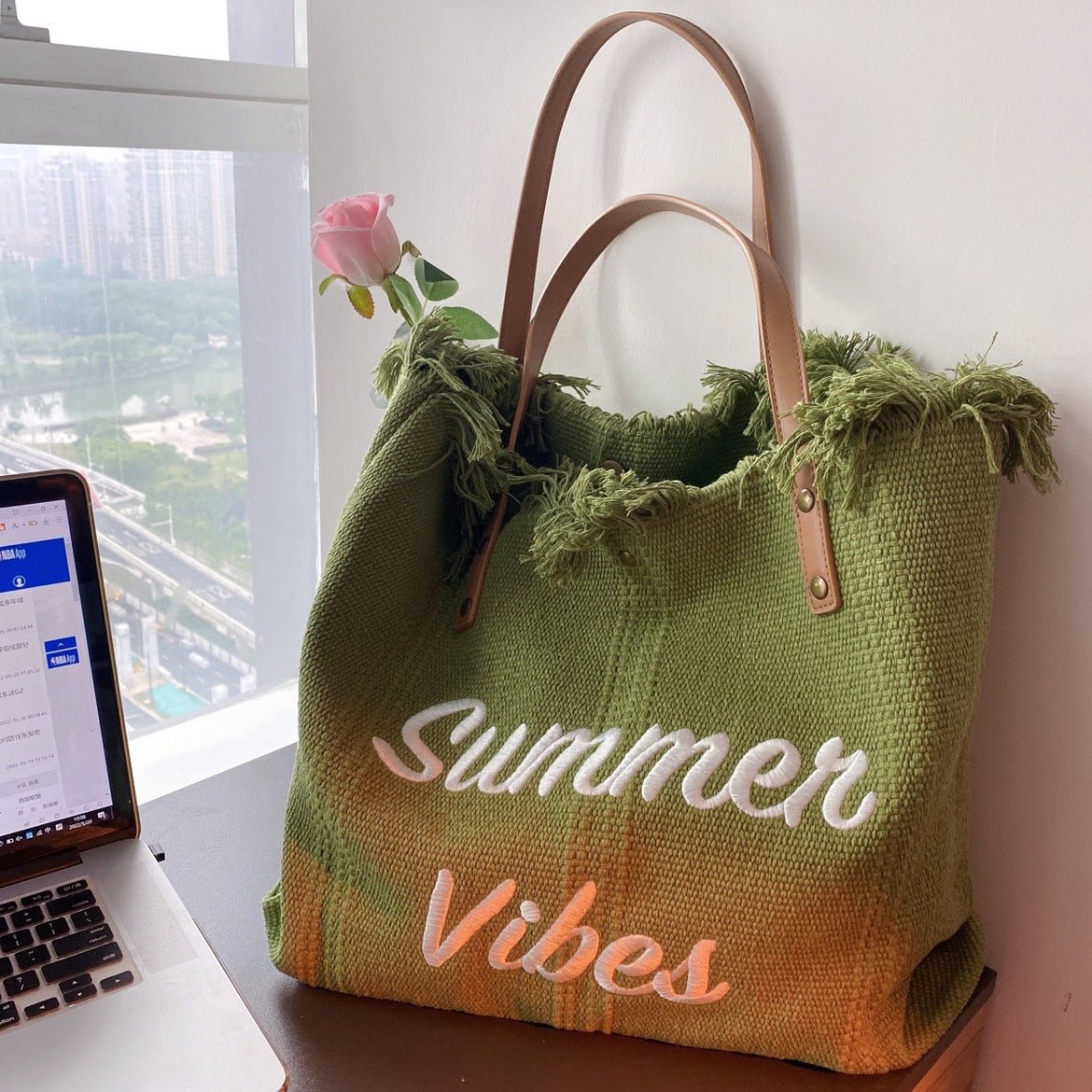 Sac fourre-tout en toile grande capacité avec lettres brodées, sac à main pour femme, sac de plage tissé, sac à bandoulière