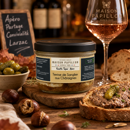  "Wild boar pâté with chestnuts, glass jar, gourmet French terrine, creamy spread"