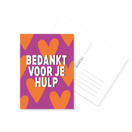Colorful thank you card with orange and purple hearts, Dutch text "Bedankt voor je hulp"