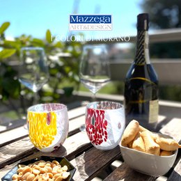 6 Glass Light Water Glass Water and Hand -Handed With Murrine Di Murano, "I Colori di Murano" line 320 ml. Made in Italy