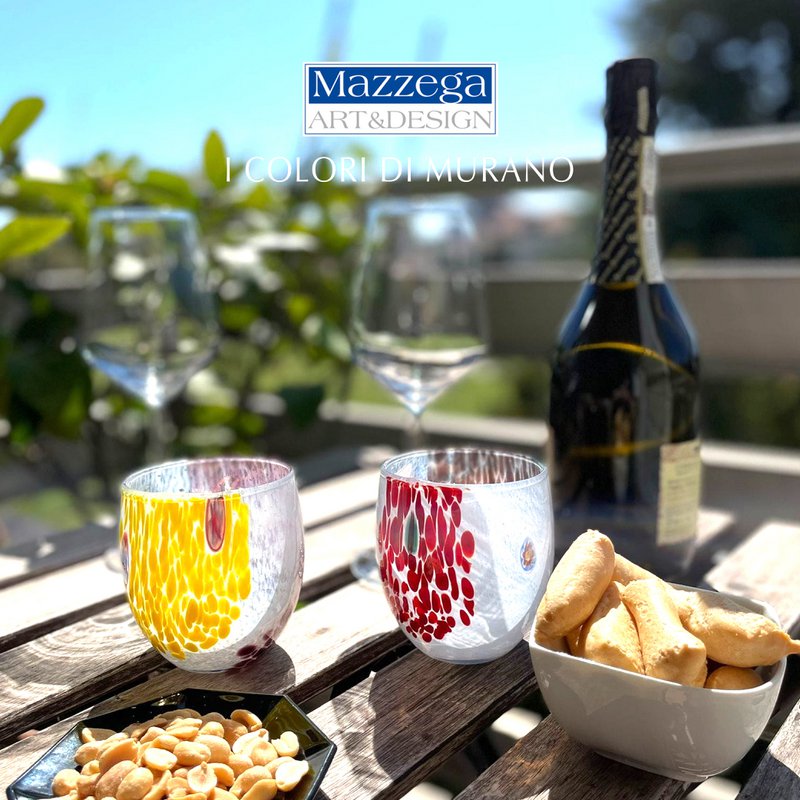 6 Glass Light Water Glass Water and Hand -Handed With Murrine Di Murano, "I Colori di Murano" line 320 ml. Made in Italy