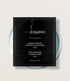A hydrating and rejuvenating facial mask in a black and gold packaging design.