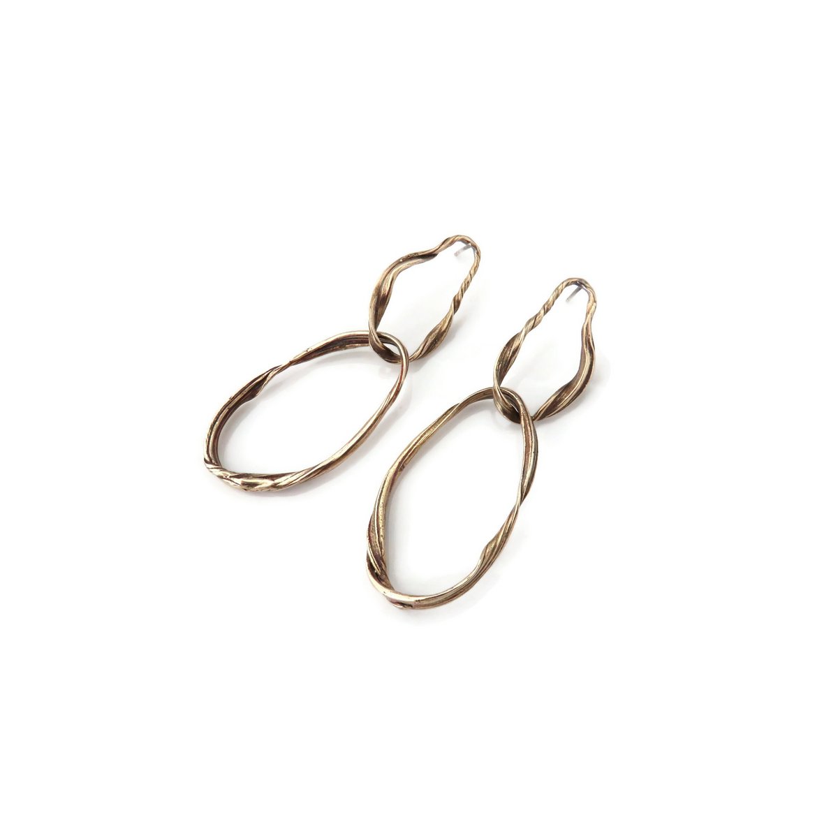 Lange patinierte Bronze -Ohrringe, Statement Schmuck