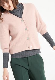 MIA 13 V-hals kortærmet cashmere cardigan med ribstrikket pudderrosa