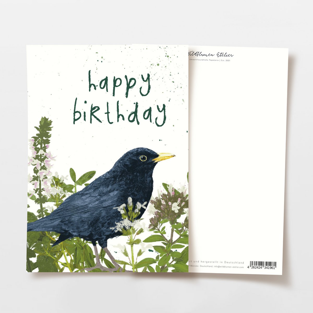 Geburtstagskarte 'happy birthday' mit Vogel und Wildblumen