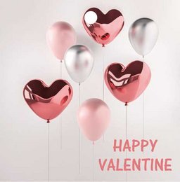 Heart-shaped balloons in pink and red colors, with the text "HAPPY VALENTINE" displayed. The balloons appear to be a festive and romantic decoration for Valentine's Day.