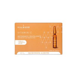 Vitamin C Ampoules - 5 x 2 ml, a face serum product with a focus on vitamin C. The product features a glass bottle with a dropper, and the packaging includes icons indicating the product's key attributes such as being vegan, cruelty-free, and containing natural ingredients.