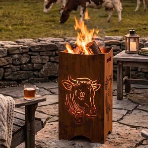 Pillar of fire | Fire basket with cow head for garden and terrace | Made of steel with a rust look
