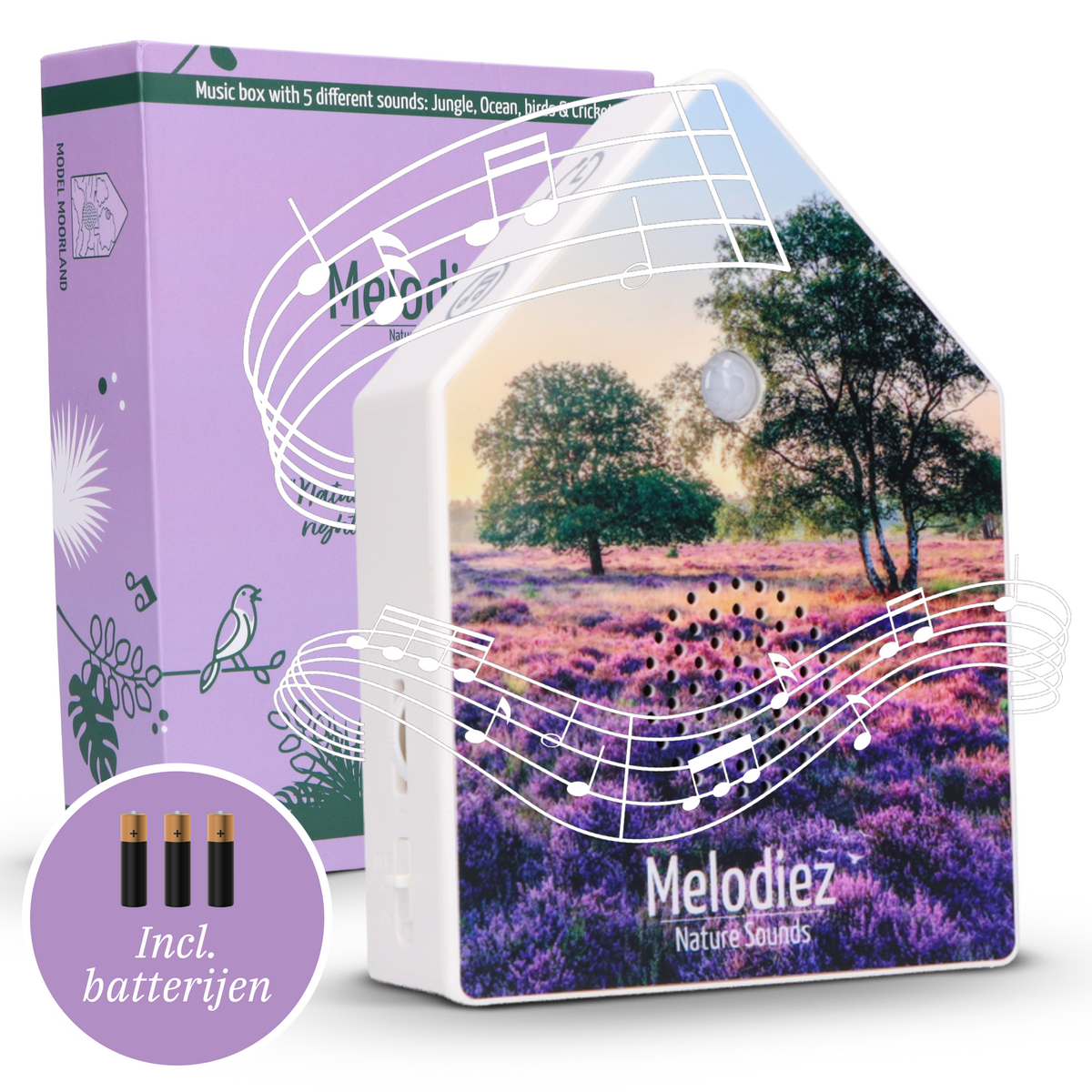 Melodiez Deluxe - Coffret Incl. Piles et 5 sons naturels d'oiseaux, d'océan, de grillon et de jungle - Bird Sound House avec capteur