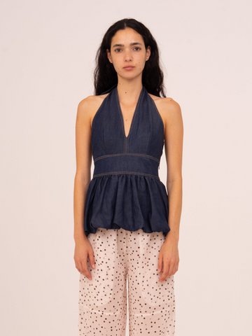 Denim-Ballon-Neckholder-Top in Rehkitz