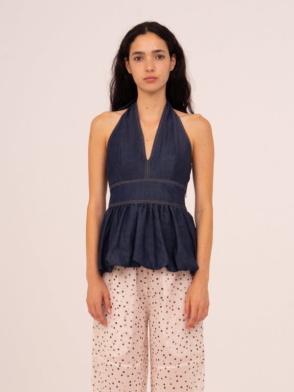 Top allacciato a palloncino in denim fulvo