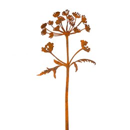 Corten steel garden sculpture featuring a stylized floral design with leaf-like shapes in warm, rusty tones. The sculpture has a tall, slender stem and a branching, abstract flower-like form at the top.