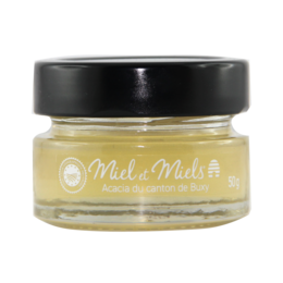 Acacia honey from the canton of Buxy, 50g. A sweet, floral honey with a light golden color.