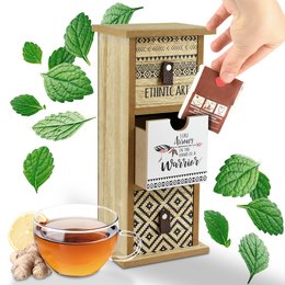 Wooden tea bag holder in boho style with space for 50 tea bags. Features a decorative pattern and can be placed standing or lying down.
