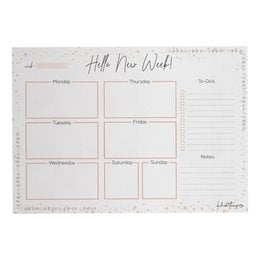 A5 weekly planner with "Hello new week" text and sections for planning daily tasks and activities.