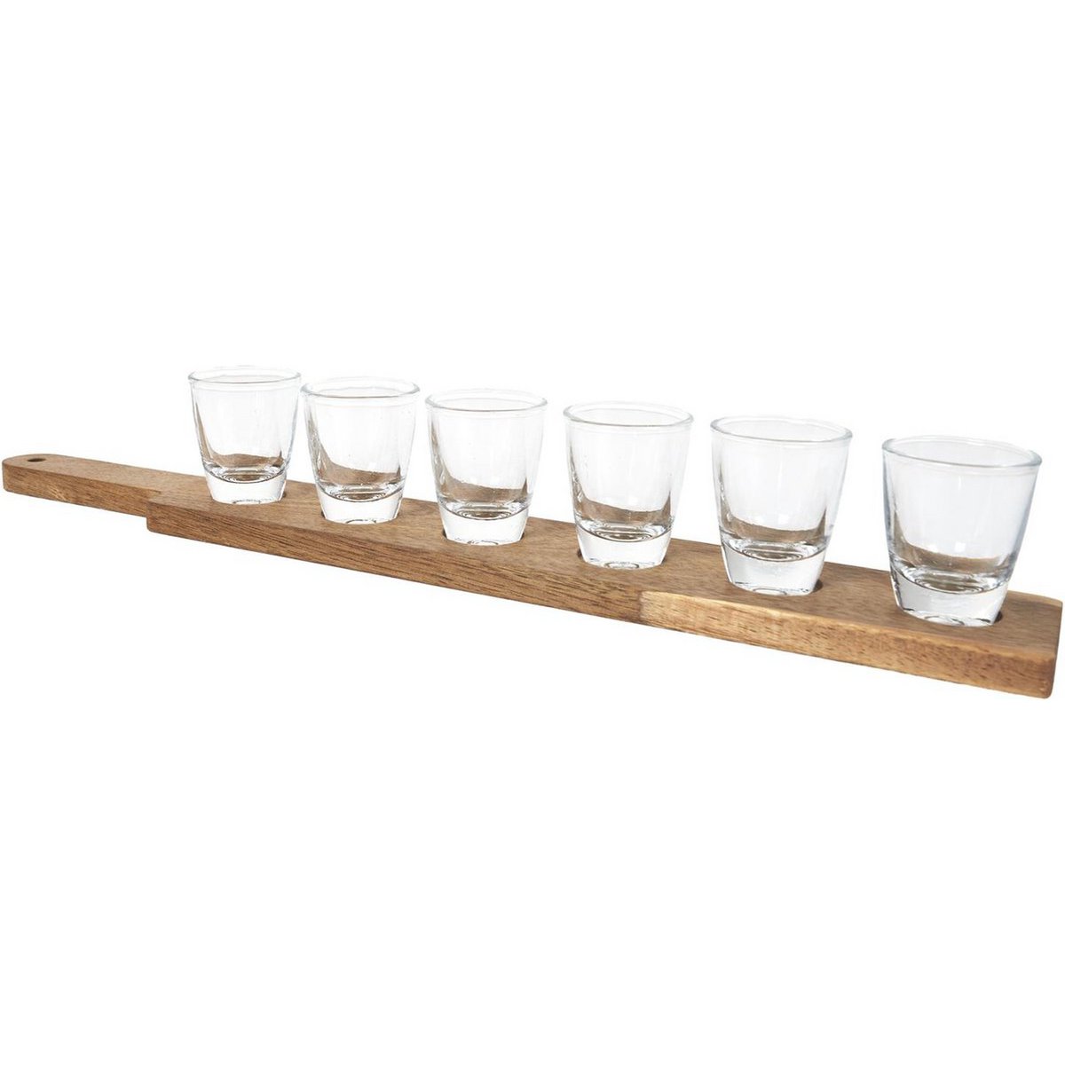 Tablero de madera con 6 vasos de disparo - 42 x 6 x 8 cm - Gastas de chupito - Accesorios de barra - Gastas de chupito - Toteros - Regalo - Marrón