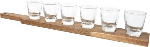 Wooden board with 6 shot glasses - 42 x 6 x 8 cm - Shot glasses - Bar accessories - Shot glasses - Shots - Gift - Brown
