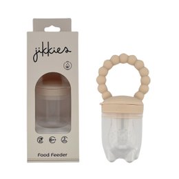 Beige, pink, and taupe silicone baby food feeder with various sized nipples.