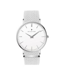 Classic white watch with a simple, minimalist design.