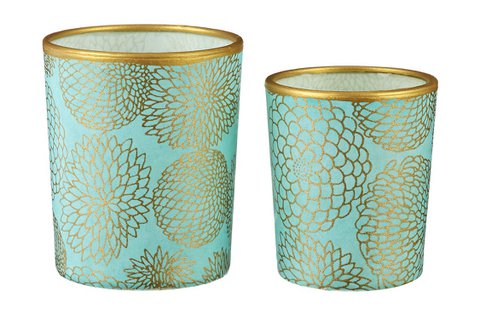 Medium Tealight Holder Made of Glass & Chiyogami Paper | Big chrysanthemum / Mint | Hand made