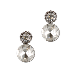 Sparkling crystal hoop earrings with a floral design at the top.