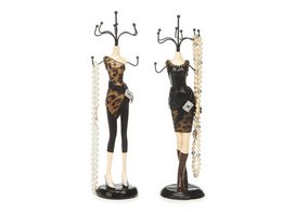 A 31 cm tall jewelry stand made of poly material, available in two designs - one with a leopard print pattern and the other with a black and gold color scheme. The stand features multiple hooks for hanging necklaces, bracelets, and other jewelry items.
