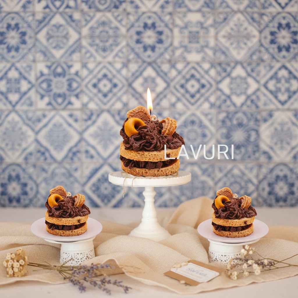 LAVURI® Caramel Cake Candle - Cake with whipped cream, chocolate bars and cookie rings as decoration