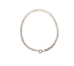 A silver-toned metal chain necklace with a circular charm or pendant.